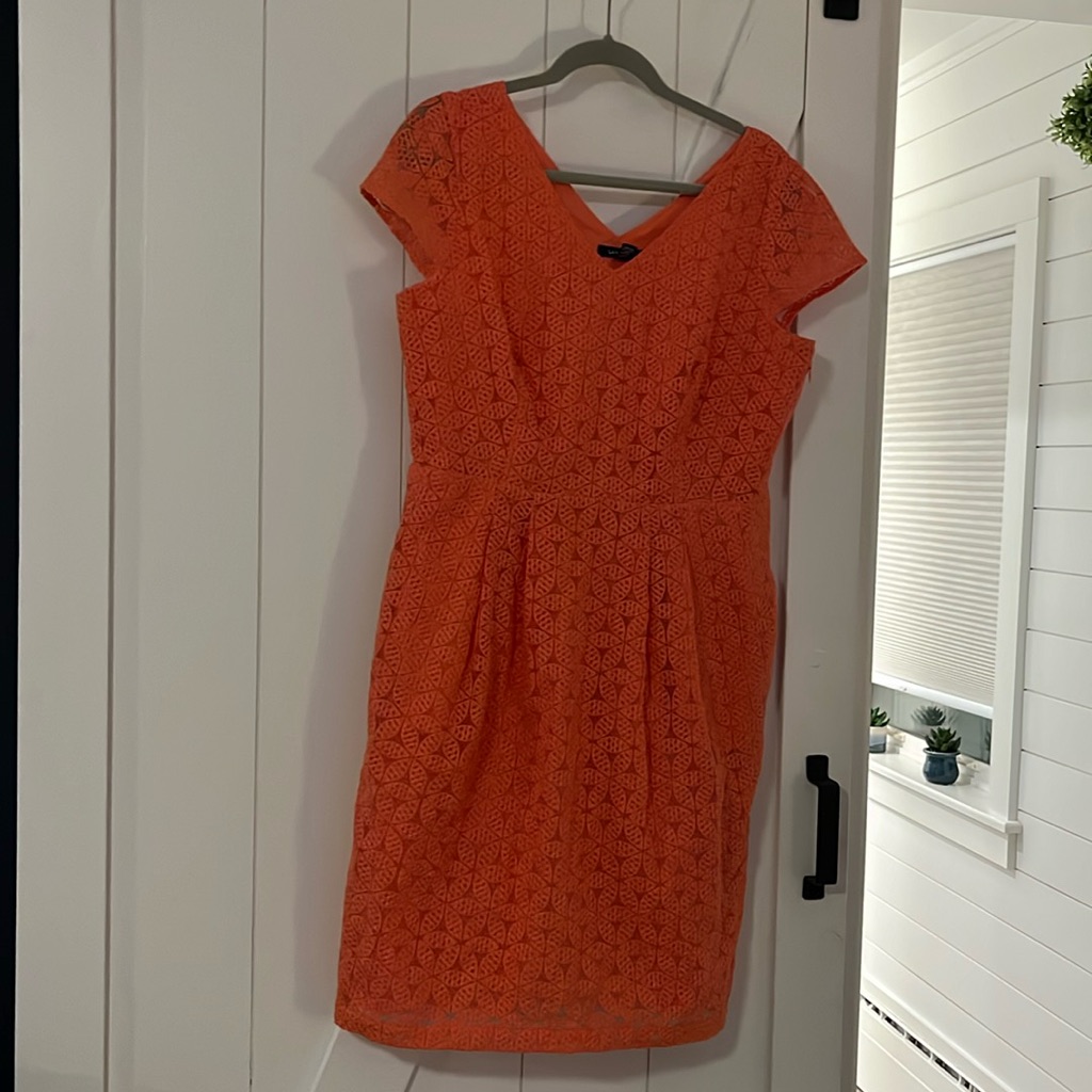 Lands End Coral Dress W/Lace Overlay. Flattering! A Real Head-Turner! Size 12!
